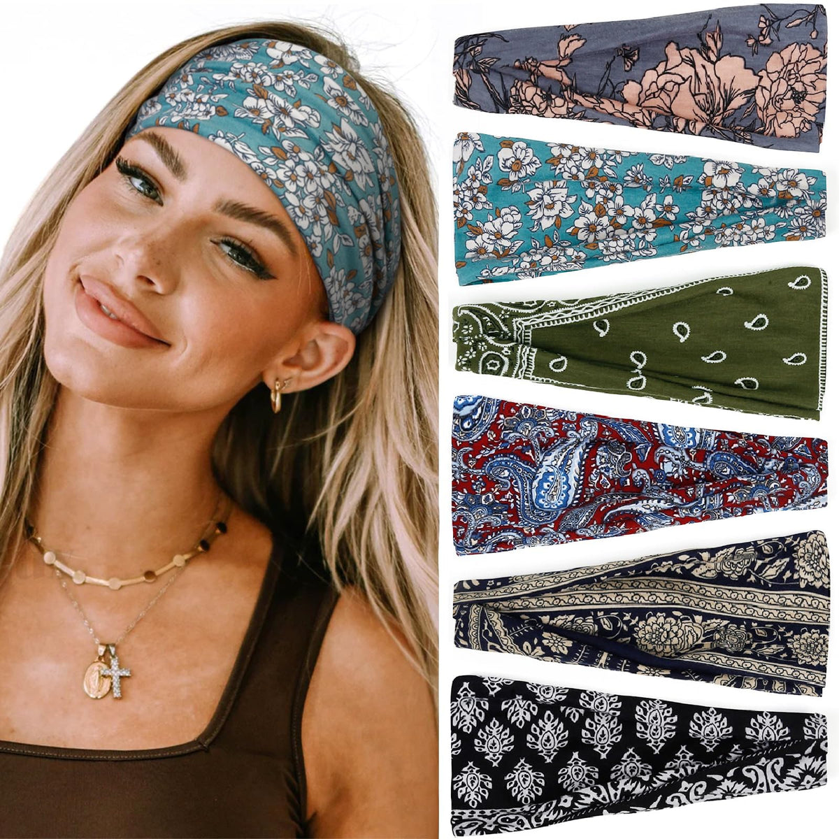 Huachi front view showing six boho headbands and packaging, versatile styling benefit