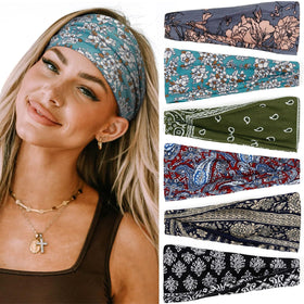Huachi front view showing six boho headbands and packaging, versatile styling benefit