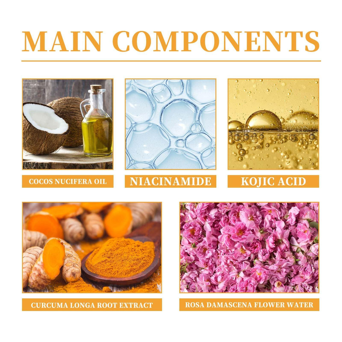 HuaQing product label and ingredient list focus showing turmeric inclusion and benefits