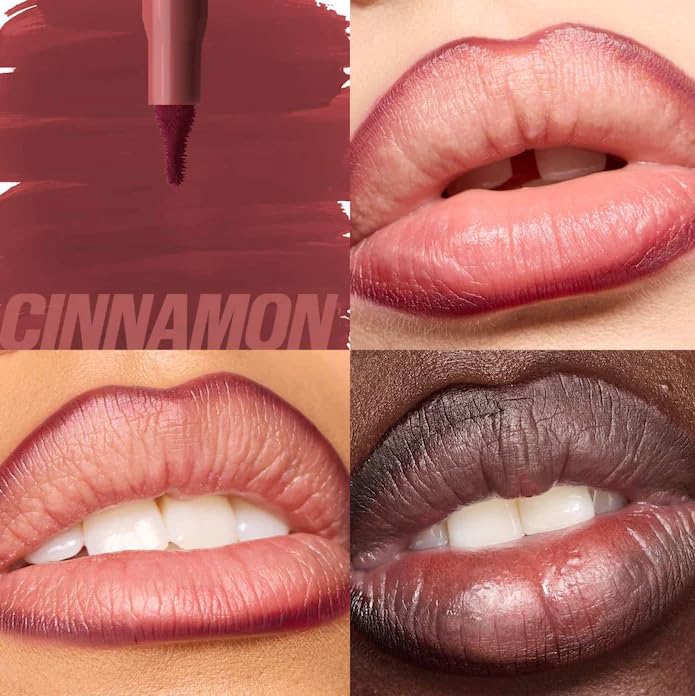 Huda cinnamon application closeup showing felt-tip precision for clean lip edges