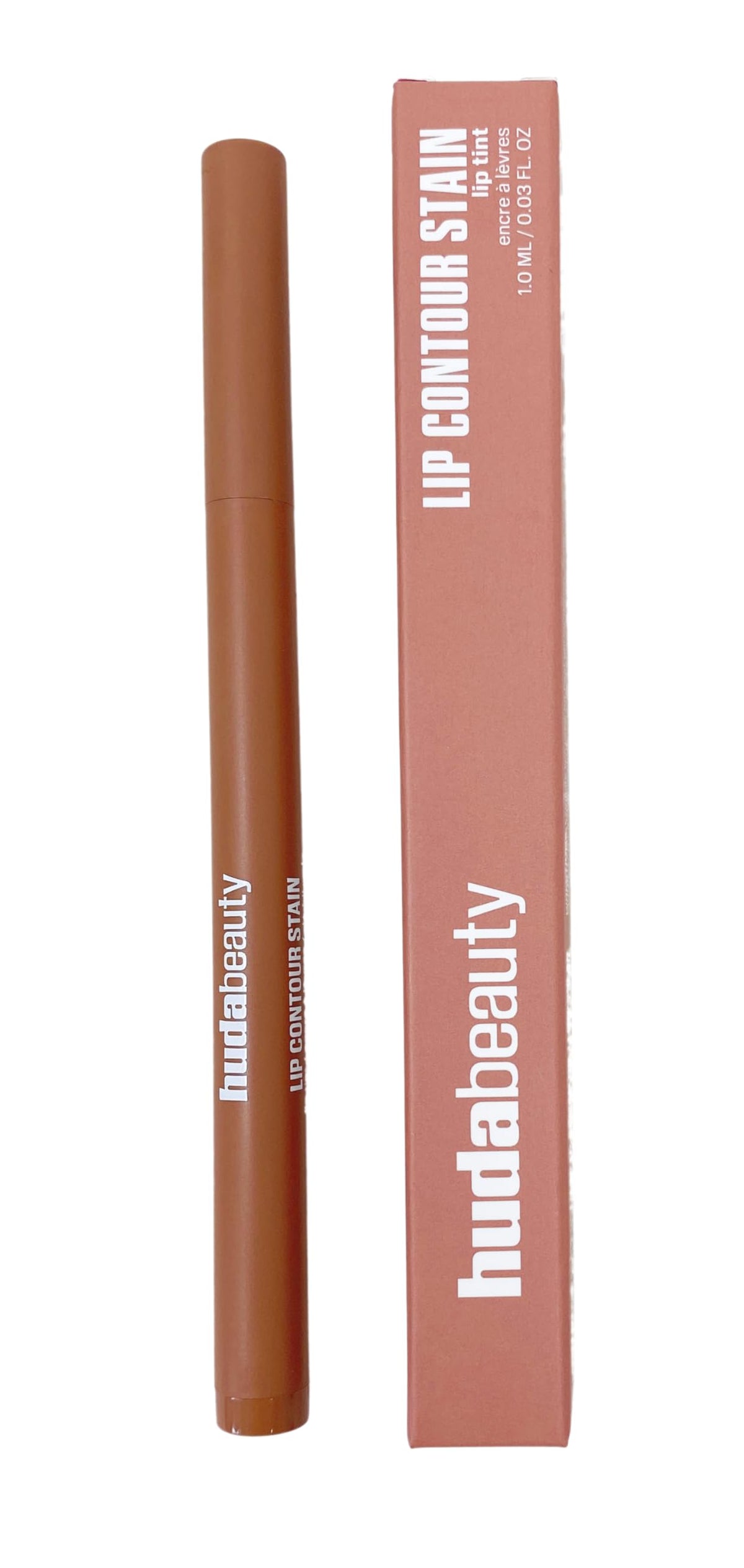 Huda front packaging of Soft Nude lip contour stain showing sleek tip and label, precise application benefit