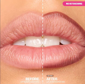 Huda close-up swatch and lip application of Soft Nude showing texture and longwear benefit