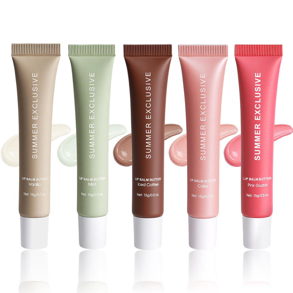 HULYHDP front packaging showing five tinted balm tubes and benefits