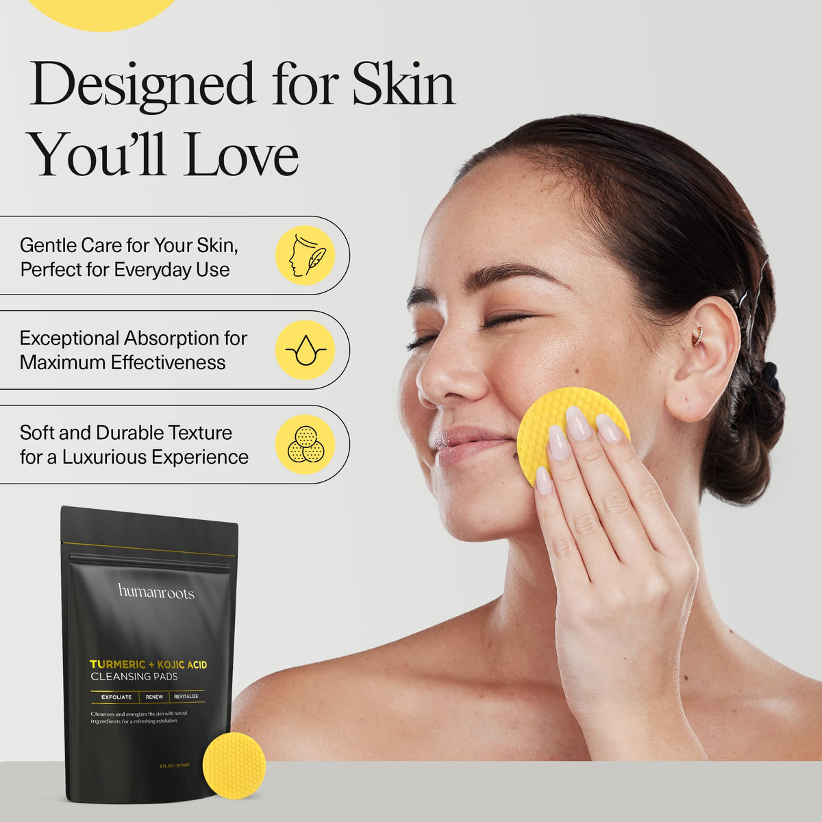 humanroots model using pad on cheek for quick exfoliation and refresh