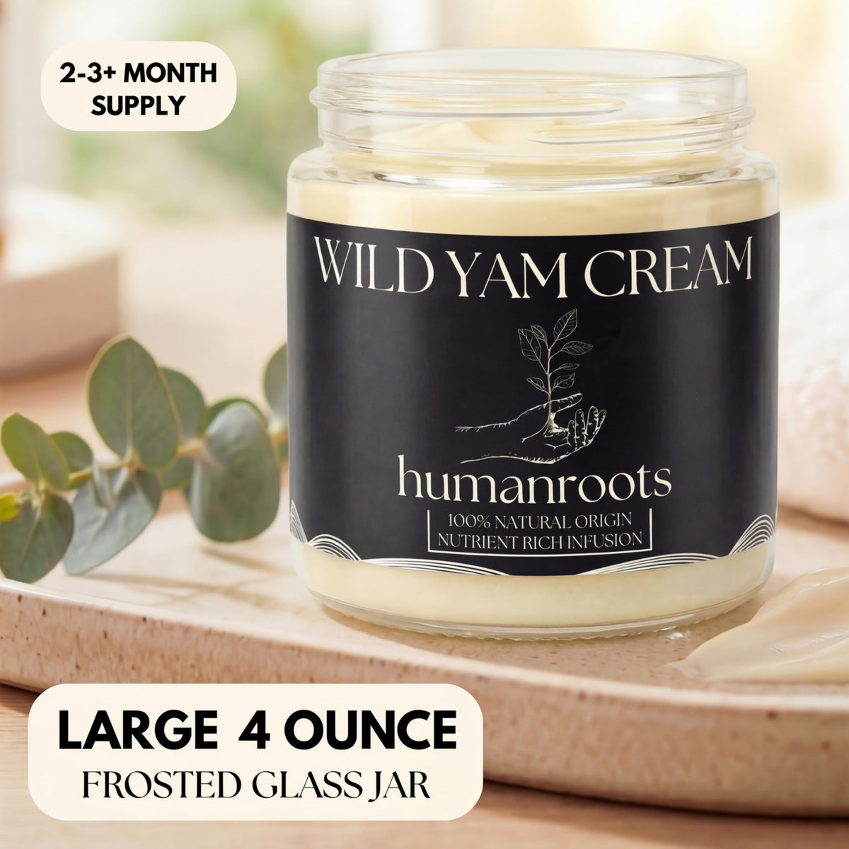 humanroots wild yam cream open jar displaying smooth creamy texture for easy absorption