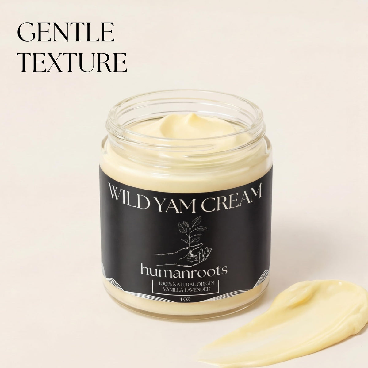 humanroots wild yam cream next to a 4 oz measuring spoon to show jar size and scale
