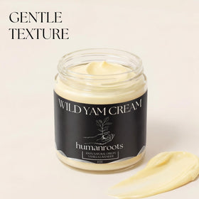 humanroots wild yam cream next to a 4 oz measuring spoon to show jar size and scale