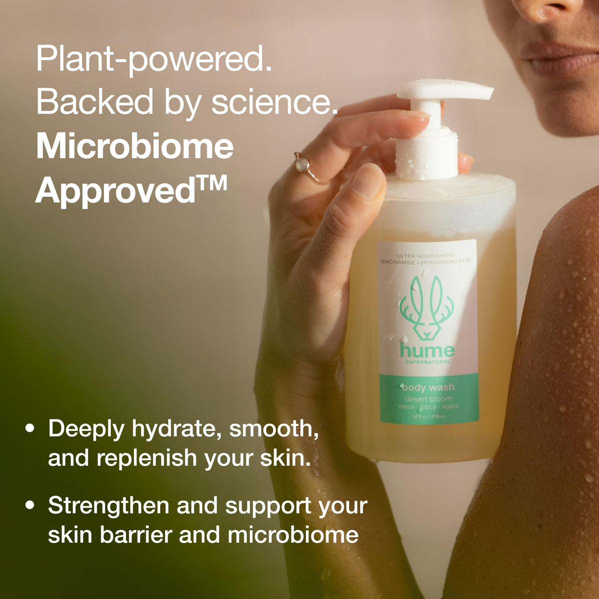 HUME SUPERNATURAL gel texture on palm, showing rich lather potential and hydrating feel