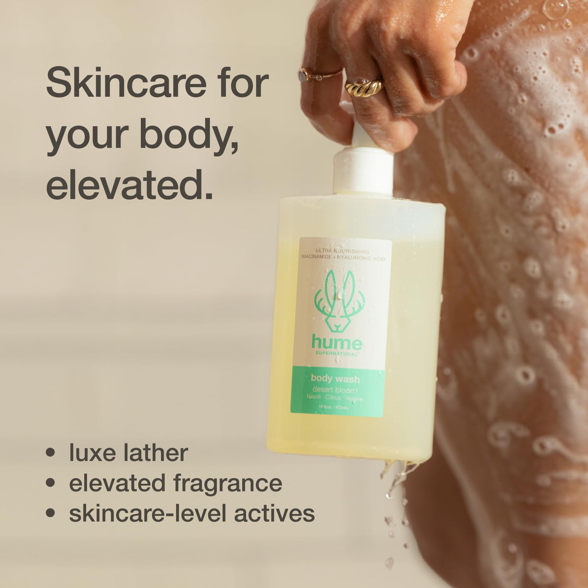 HUME SUPERNATURAL in-shower use with lather, demonstrating effective cleansing and refreshing results