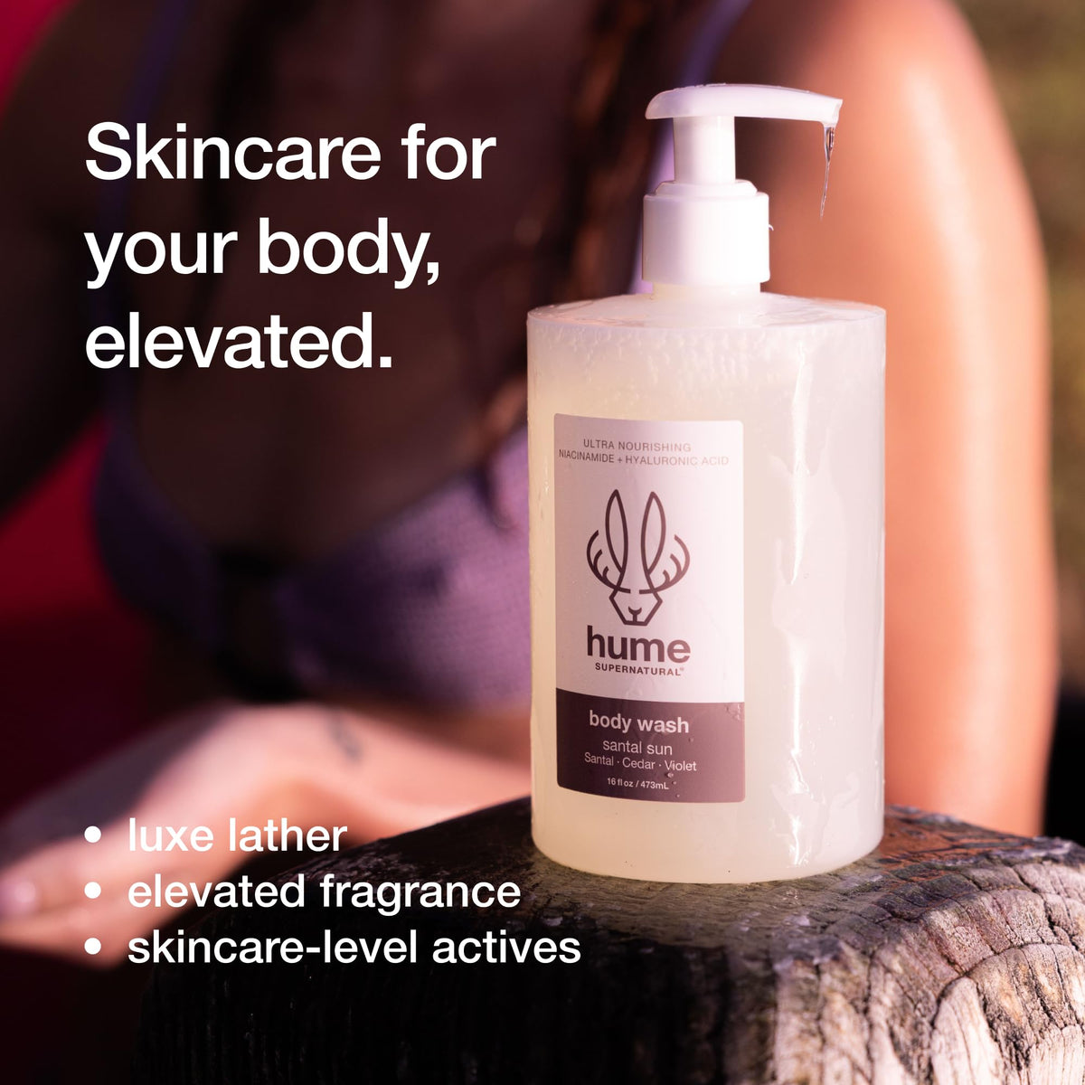 HUME SUPERNATURAL bottle in shower scene showing post-workout refresh and gentle cleanse