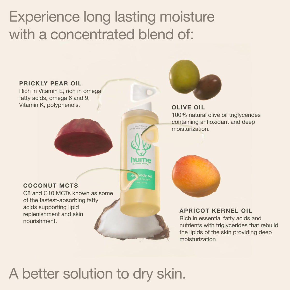 HUME SUPERNATURAL ingredients apricot and prickly pear highlighting plant-based nourishment