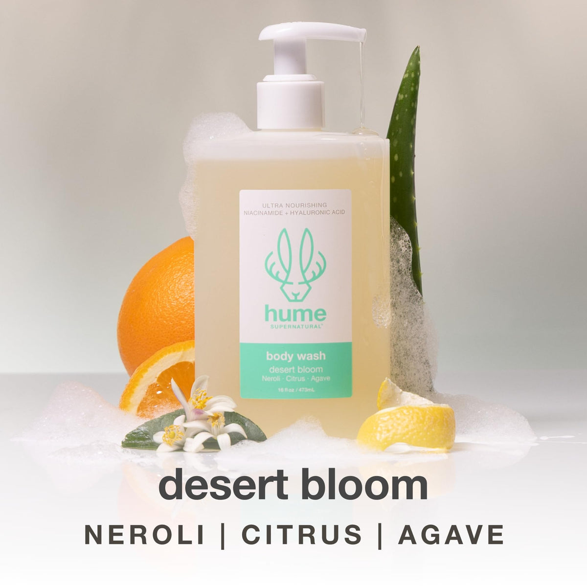 HUME SUPERNATURAL on bathroom vanity with towel and plant, lifestyle shot showing elegant daily ritual