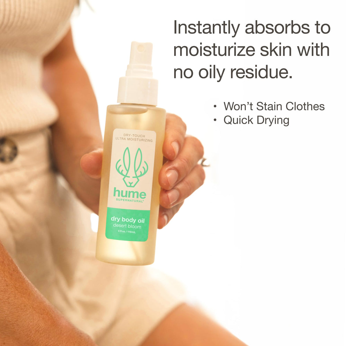 HUME SUPERNATURAL dispensed oil texture on skin displaying fast-absorbing finish