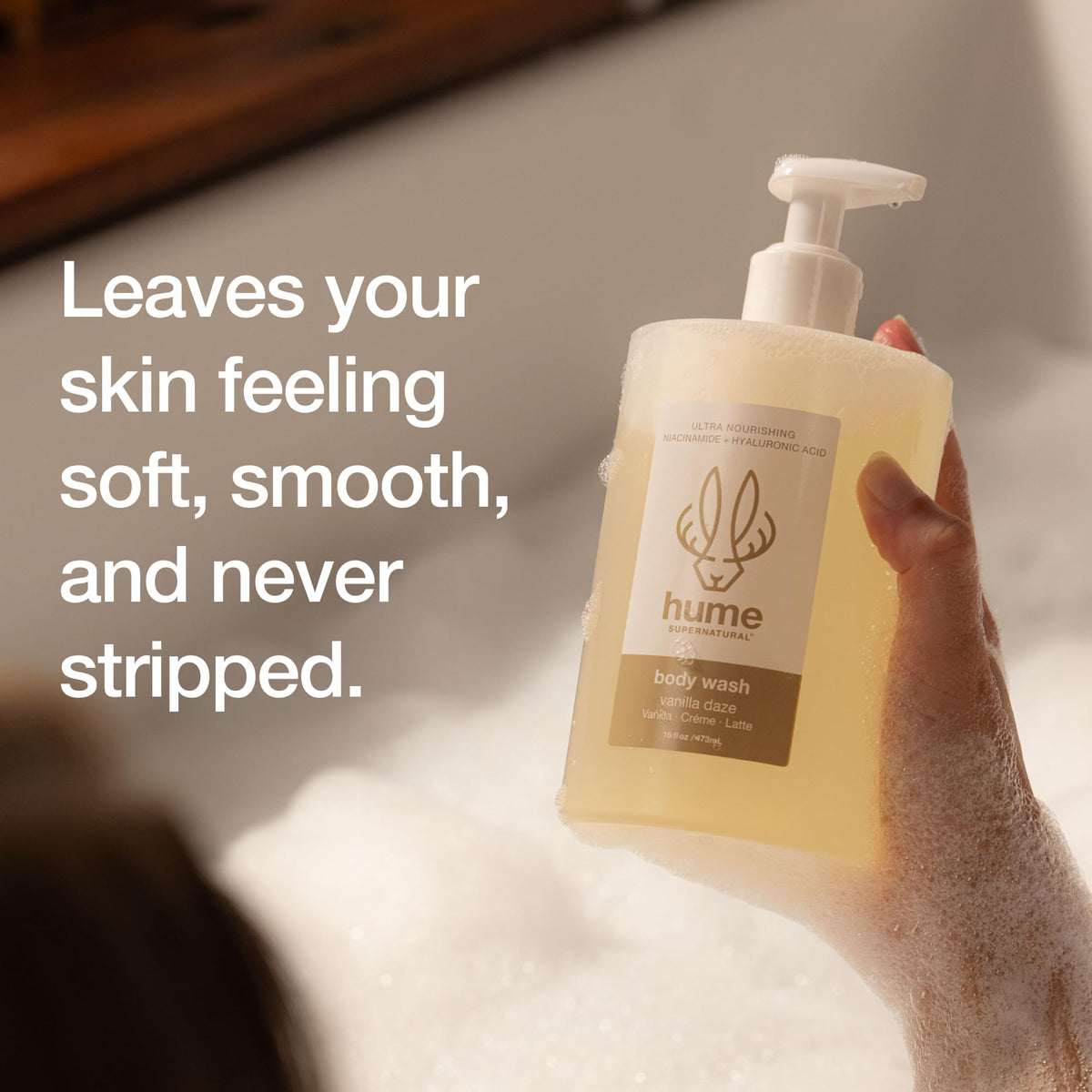 HUME SUPERNATURAL in-shower lifestyle scene showing calming vanilla scent benefit