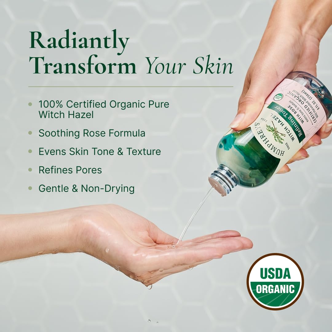 Humphreys close‑up of rose and witch hazel botanicals highlighting natural sourcing