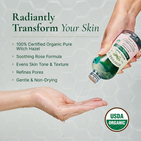 Humphreys close‑up of rose and witch hazel botanicals highlighting natural sourcing