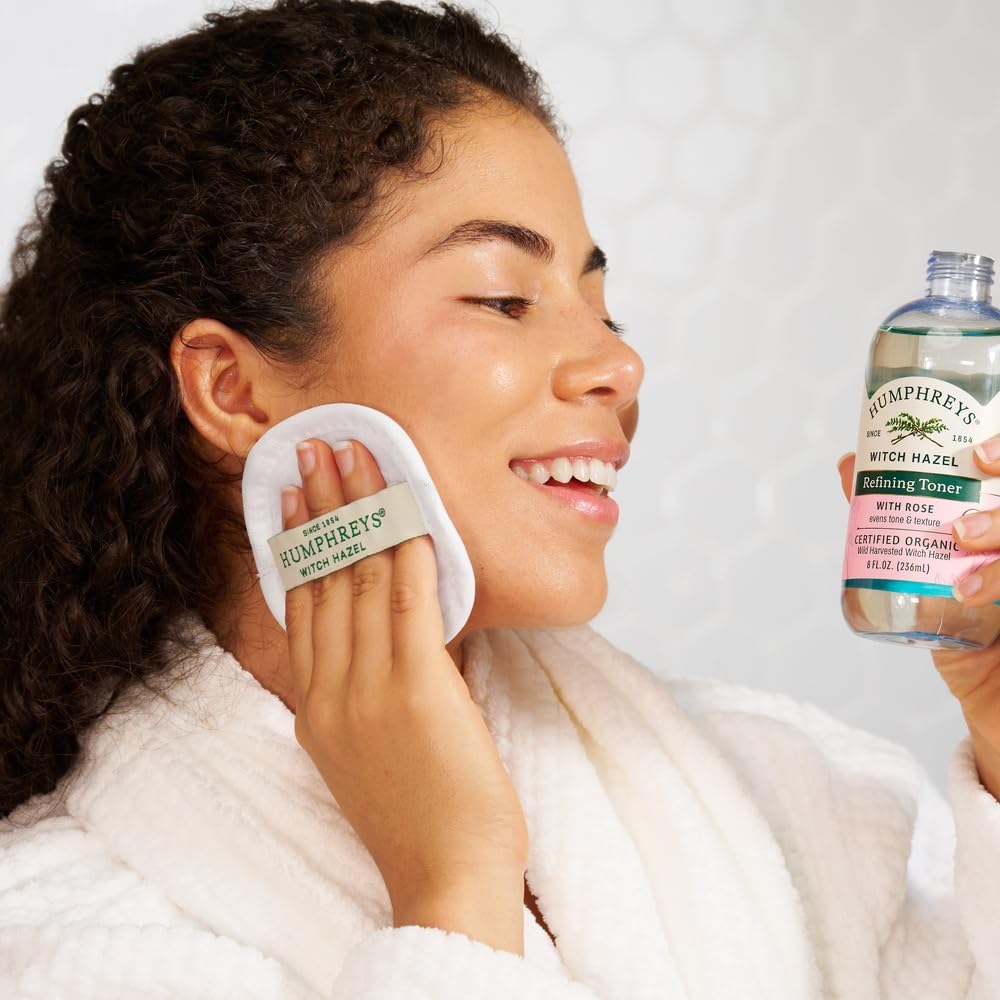 Humphreys applying toner with cotton pad for even application benefit