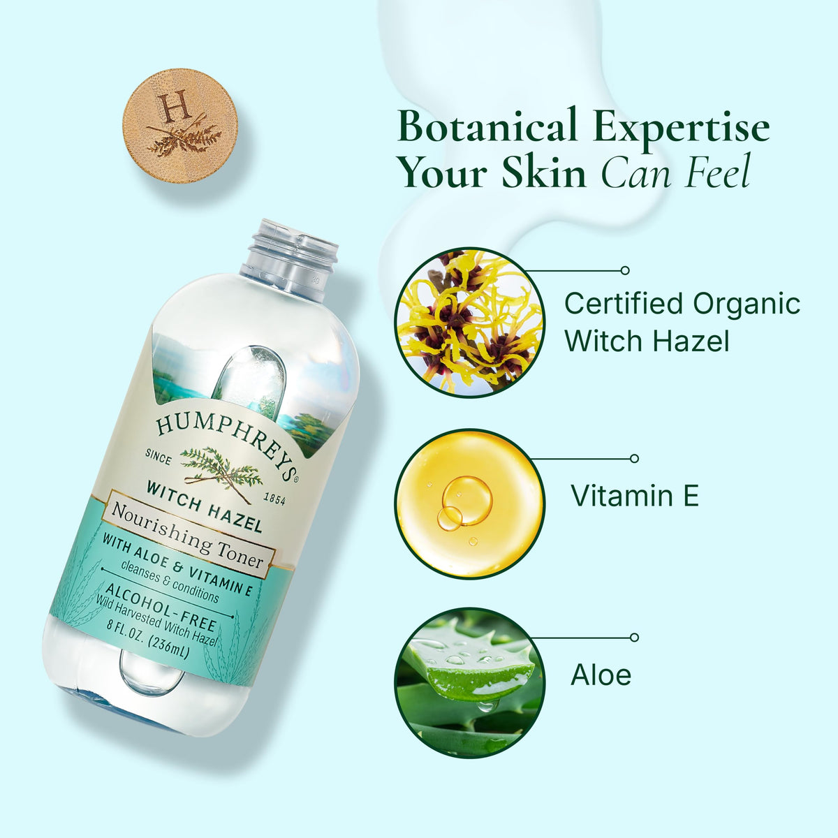 Humphreys aloe leaf beside bottle showing natural aloe nourishment benefit
