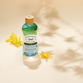 Humphreys on bathroom shelf conveying daily skincare routine