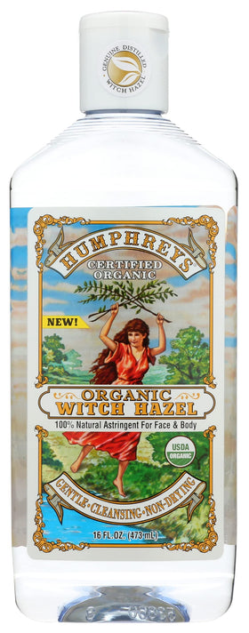 Humphreys bottle front label showing organic witch hazel benefits