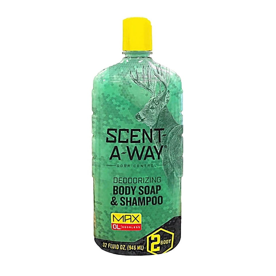 Hunters Specialties front label of Scent-A-Way MAX 32oz showing product benefits and green bottle