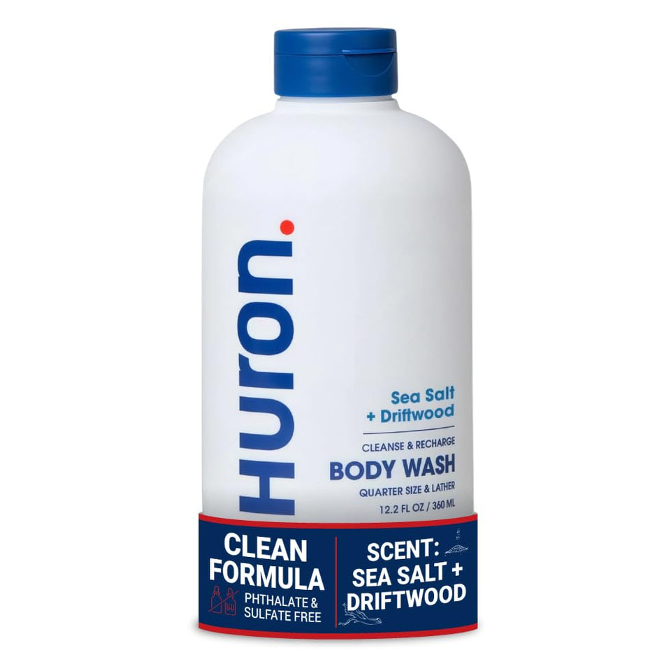 Huron bottle front view showing sea salt driftwood scent and clean design