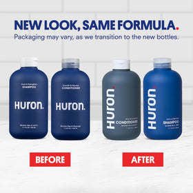 Huron bottle label closeup highlighting ingredient callouts and clean formulation benefits