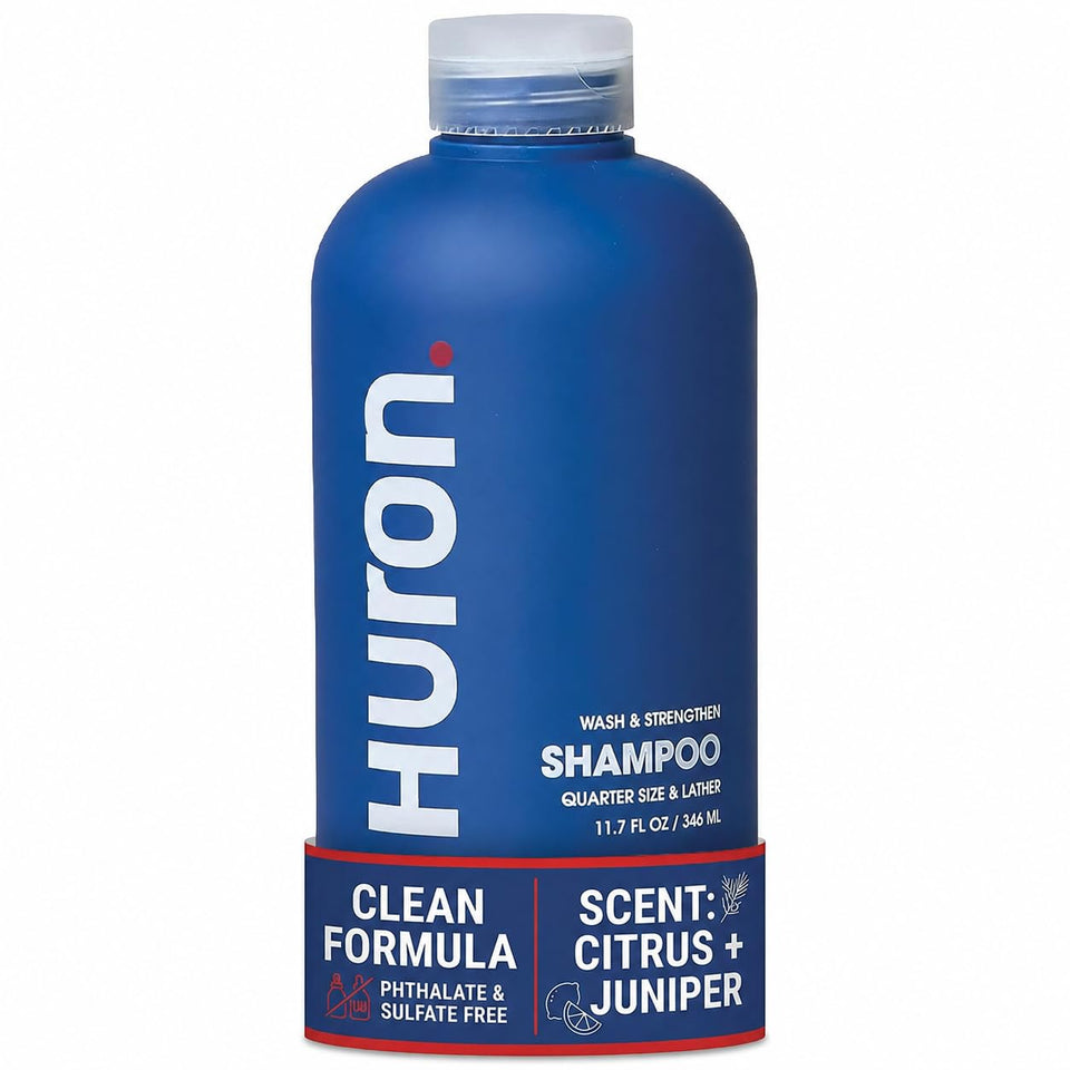 Huron front bottle showing citrus and juniper scent, bright refreshing benefit