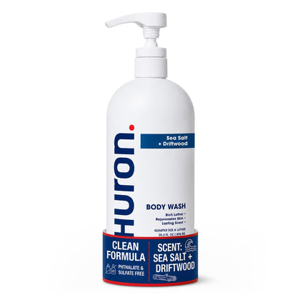 Huron front packaging showing full 30.3 fl oz bottle and sea salt driftwood scent benefit