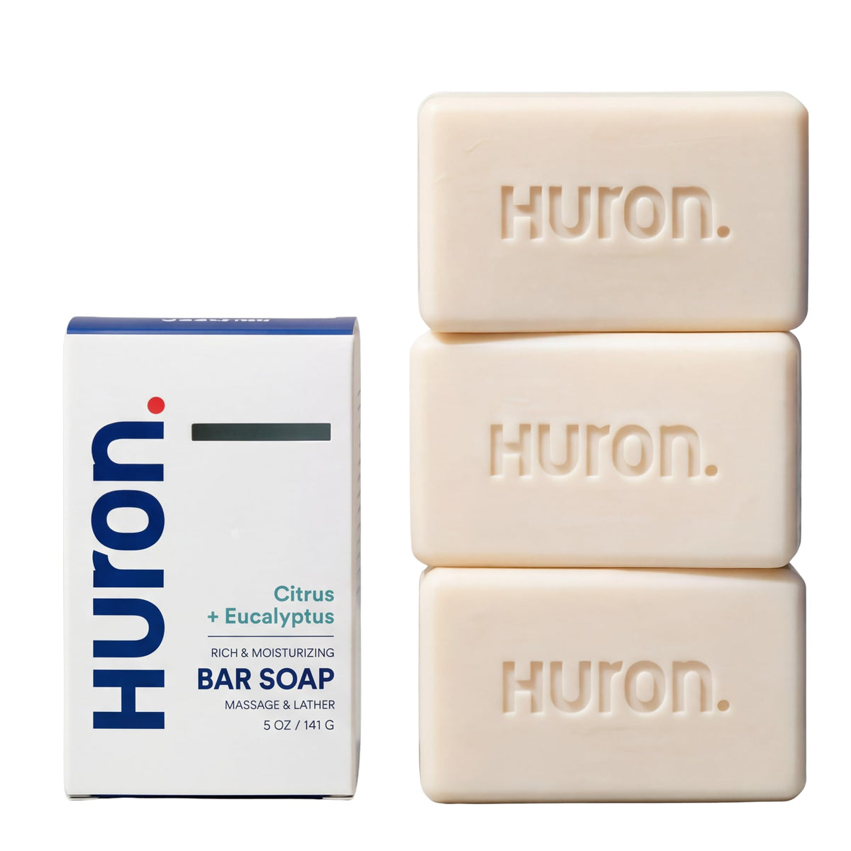 Huron front packaging showing three bars and product benefits