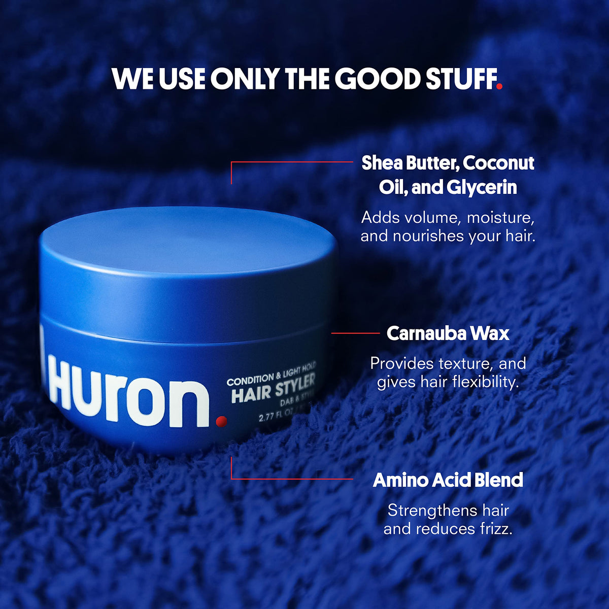 Huron styling cream on hand ready to apply, demonstrating easy spread and control