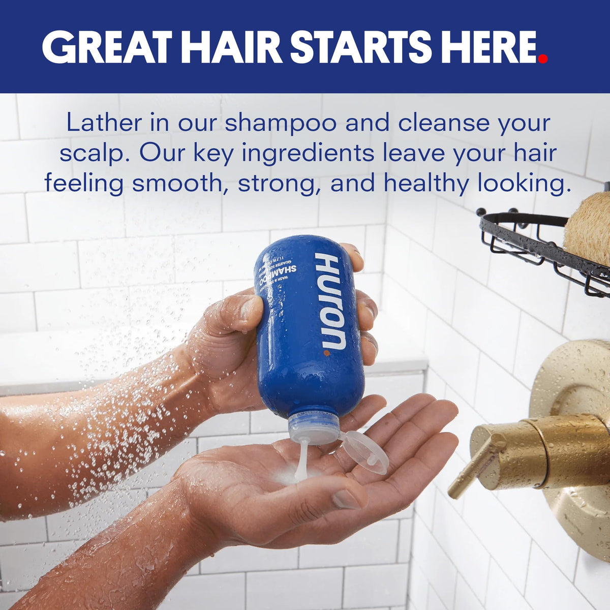 Huron pump and label detail highlighting clean-ingredient benefits