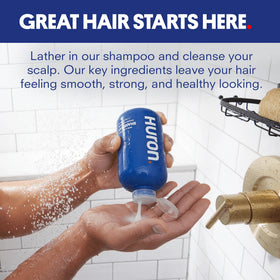 Huron pump and label detail highlighting clean-ingredient benefits