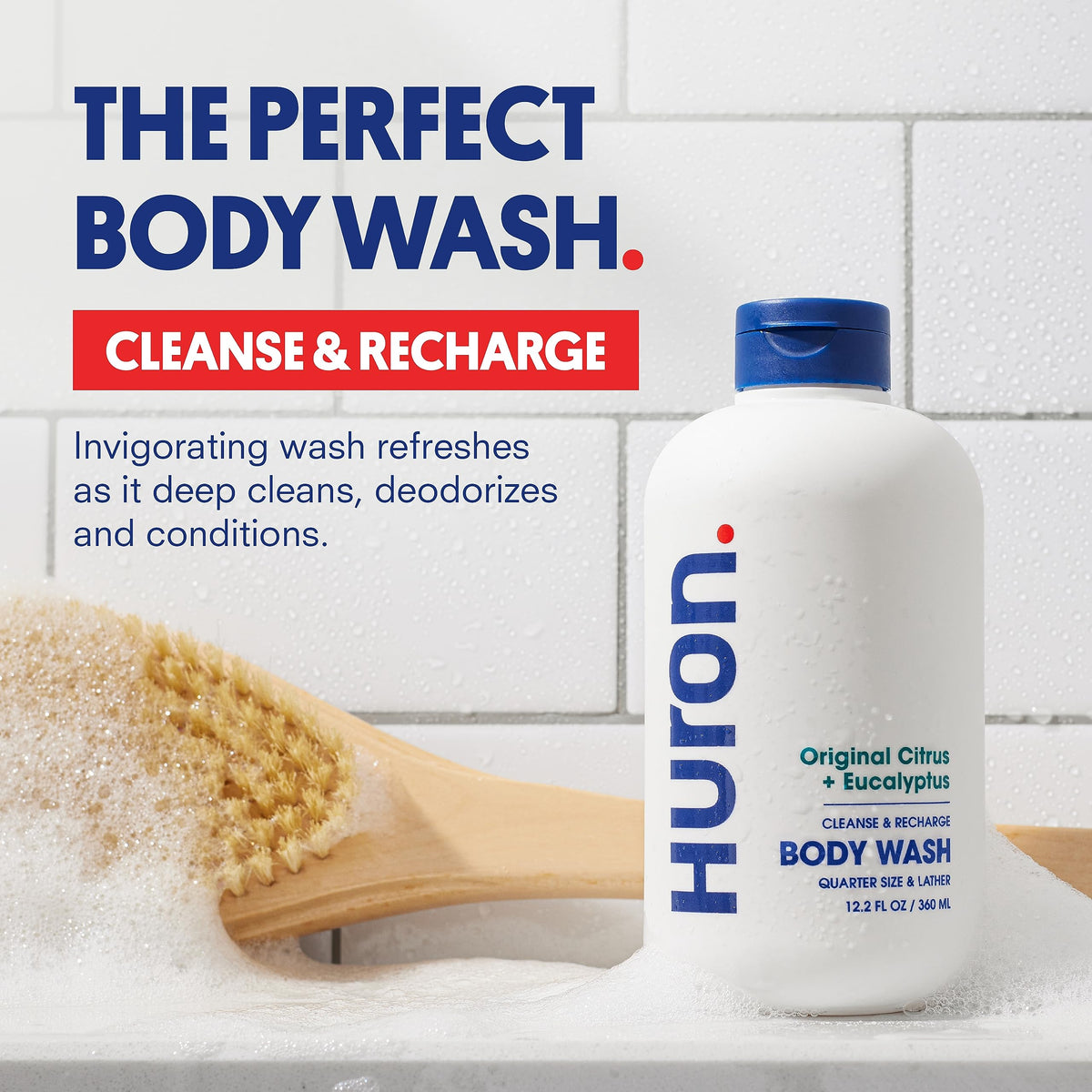 Huron pump close-up label highlighting clean-ingredient claims and benefits