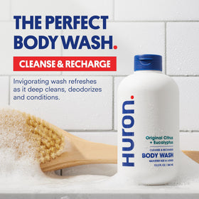 Huron pump close-up label highlighting clean-ingredient claims and benefits