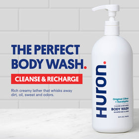 Huron pump dispenser in use dispensing hydrating body wash for easy application