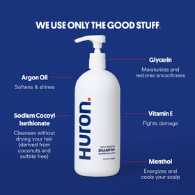 Huron shampoo texture gel on palm showing creamy lather and hydration