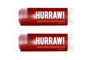 HURRAW! front packaging showing two black cherry tinted lip balms and brand box, gift-ready