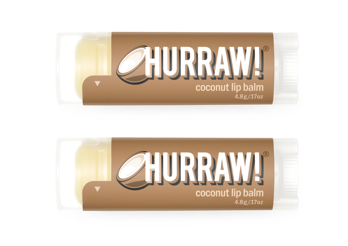 HURRAW! front packaging showing two coconut lip balm tubes and pillow box for gifting