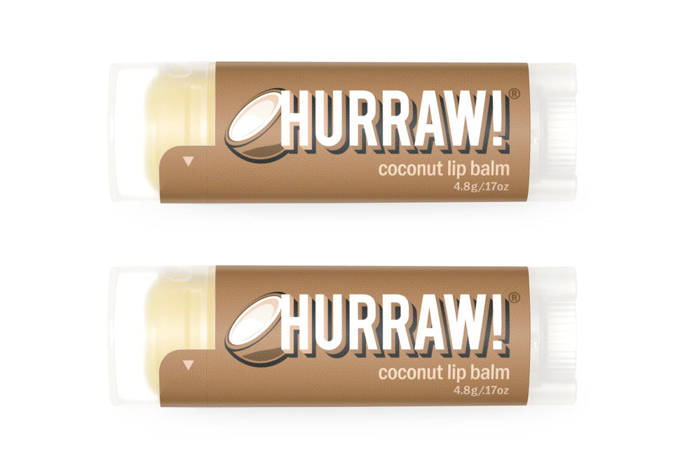 HURRAW! front packaging showing two coconut lip balm tubes and pillow box for gifting