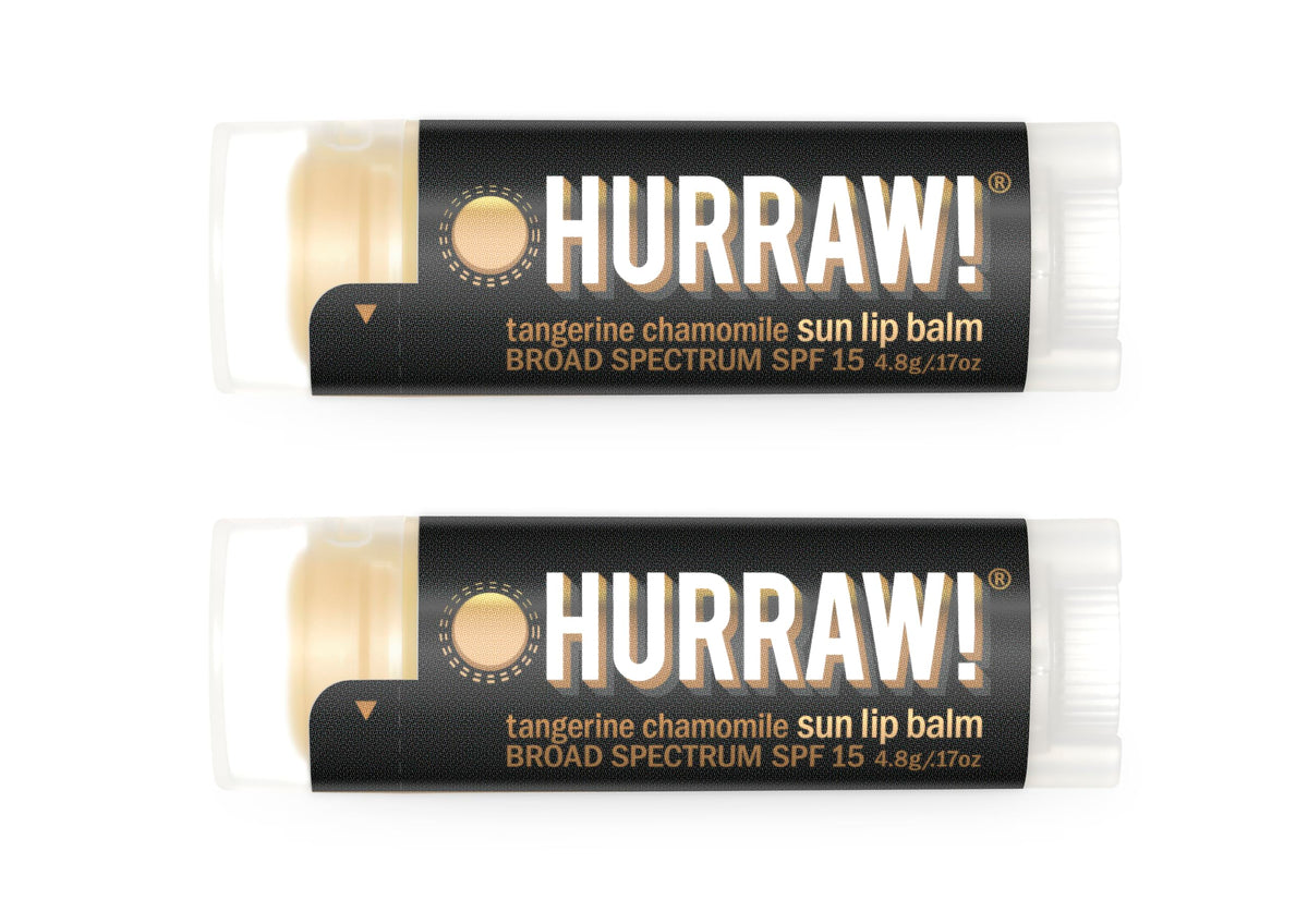HURRAW! front packaging showing two SPF 15 lip balms, convenient protection