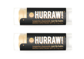 HURRAW! front packaging showing two SPF 15 lip balms, convenient protection