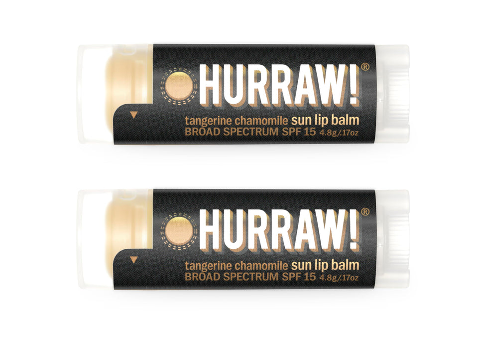 HURRAW! front packaging showing two SPF 15 lip balms, convenient protection
