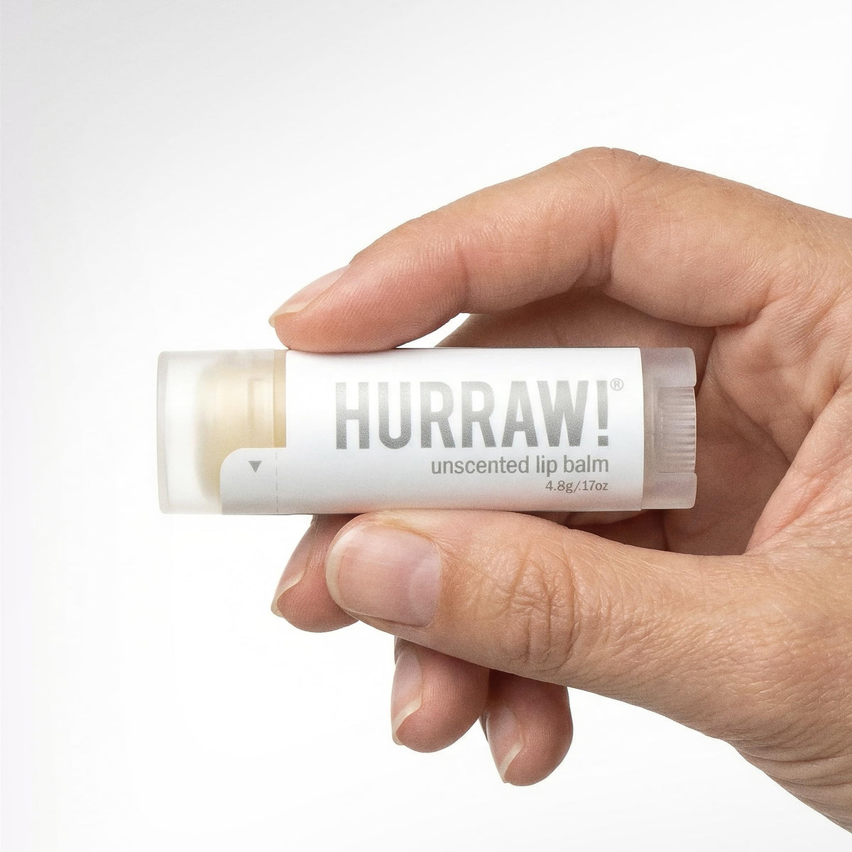 HURRAW! unscented balm applied to lips demonstrating natural, non-greasy finish