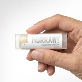 HURRAW! unscented balm applied to lips demonstrating natural, non-greasy finish