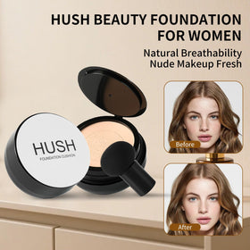HUSH Beauty compact in hand for scale and portable, on-the-go touch-up convenience