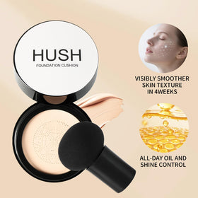 HUSH Beauty mushroom puff closeup highlighting soft applicator for even coverage