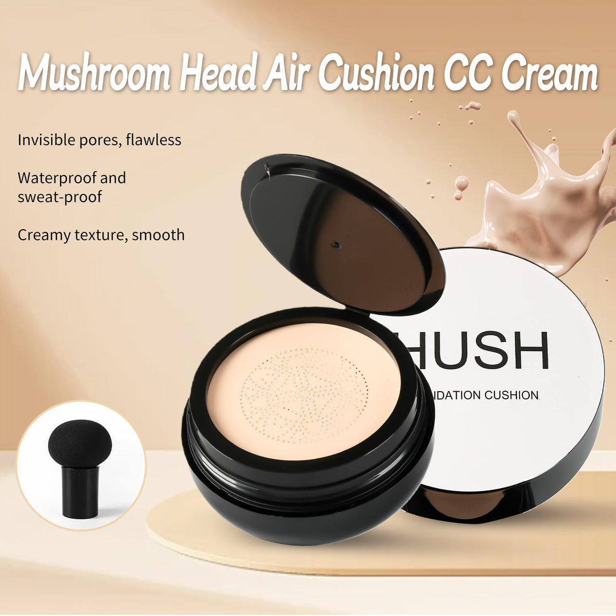 HUSH Beauty open cushion top view revealing sponge and creamy product texture