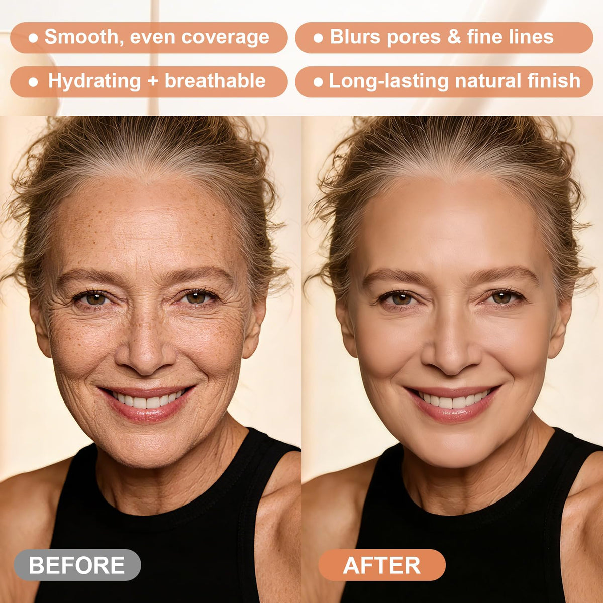 Hush Makeup before and after face split showing evened tone and softened texture