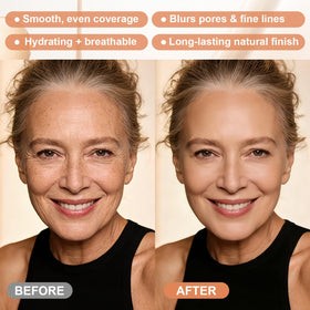 Hush Makeup before and after face split showing evened tone and softened texture